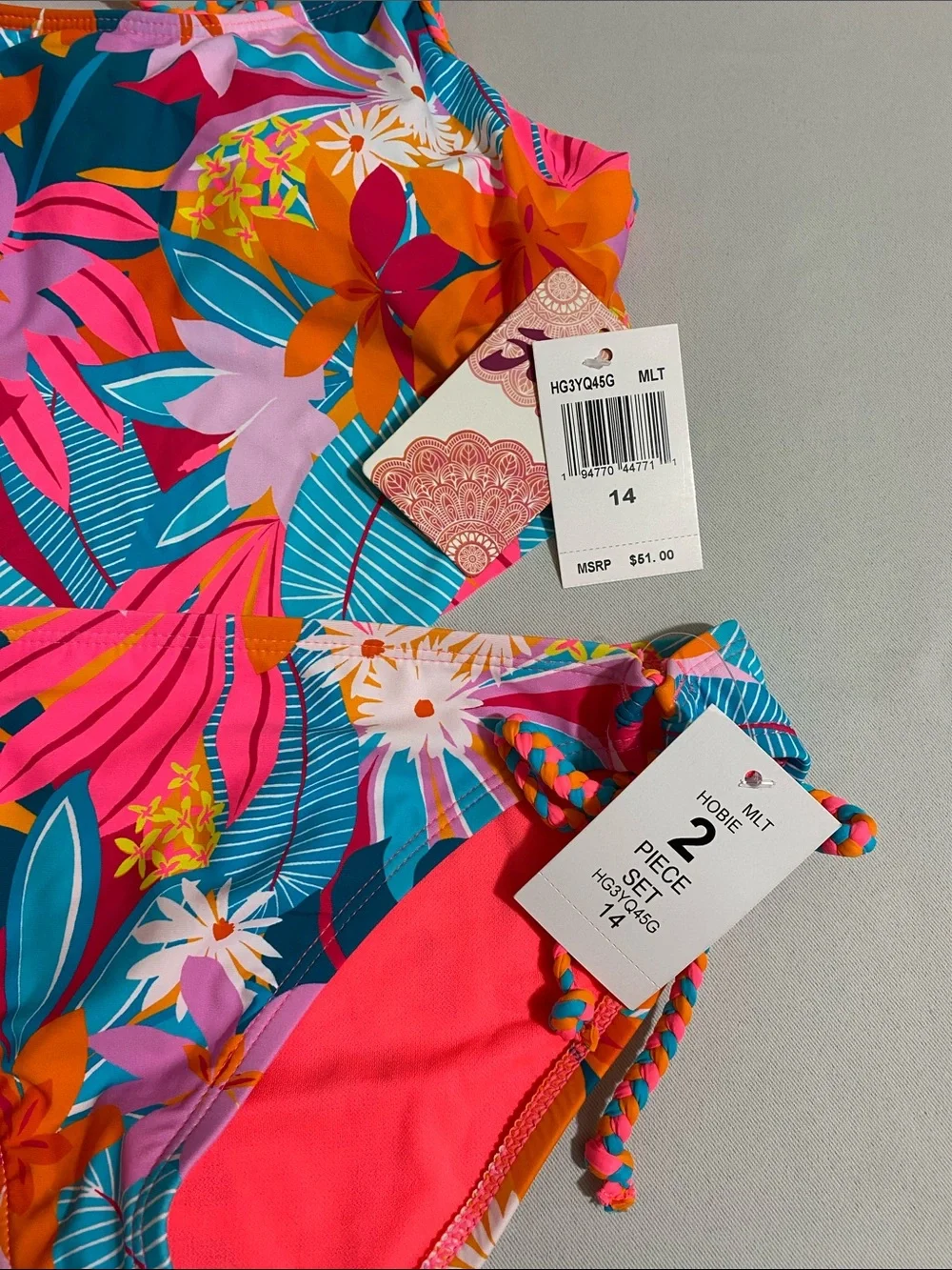 HOBIE Girls Aloha Tropics Bikini Set w Scarf Style Top Youth Girls Size 14
